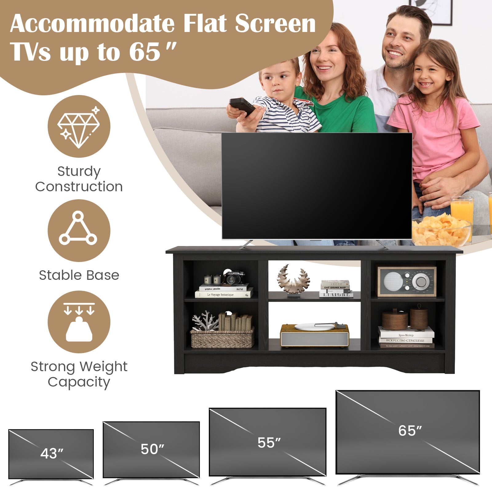 TV Stand for up to 65 Inch Flat Screen TVs with Adjustable Shelves for 18 Inch Electric Fireplace (Not Included)