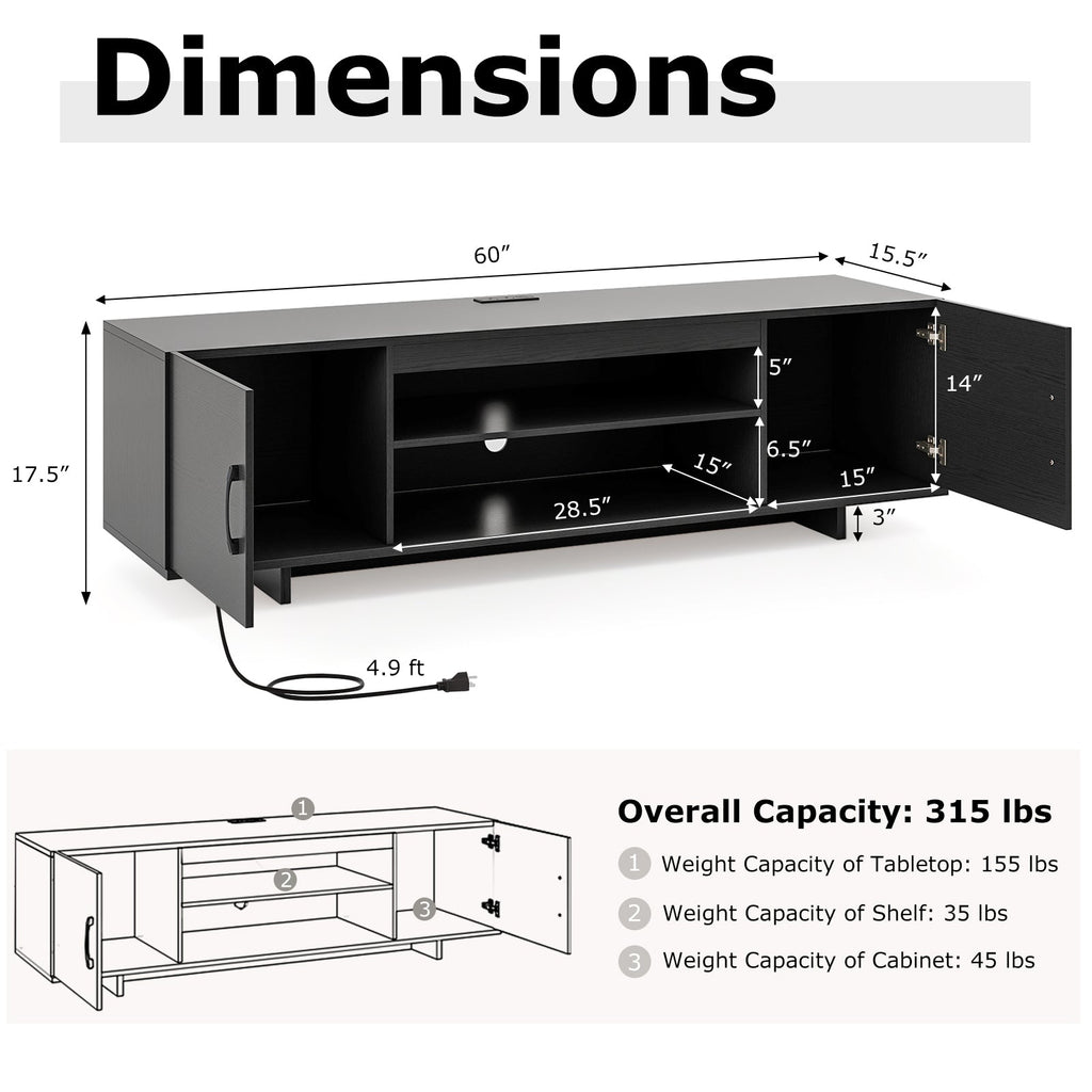 TV Stand with Power Outlet and 2 Cable Holes for 65 Inch TVs