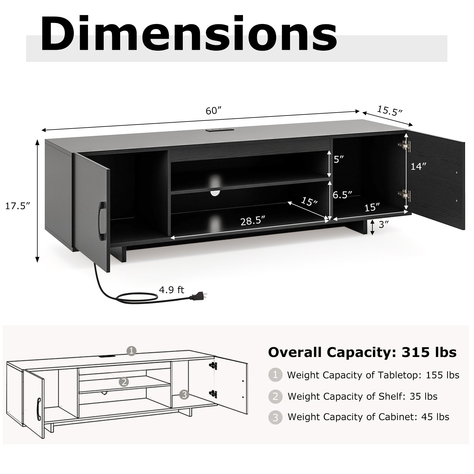 TV Stand with Power Outlet and 2 Cable Holes for 65 Inch TVs