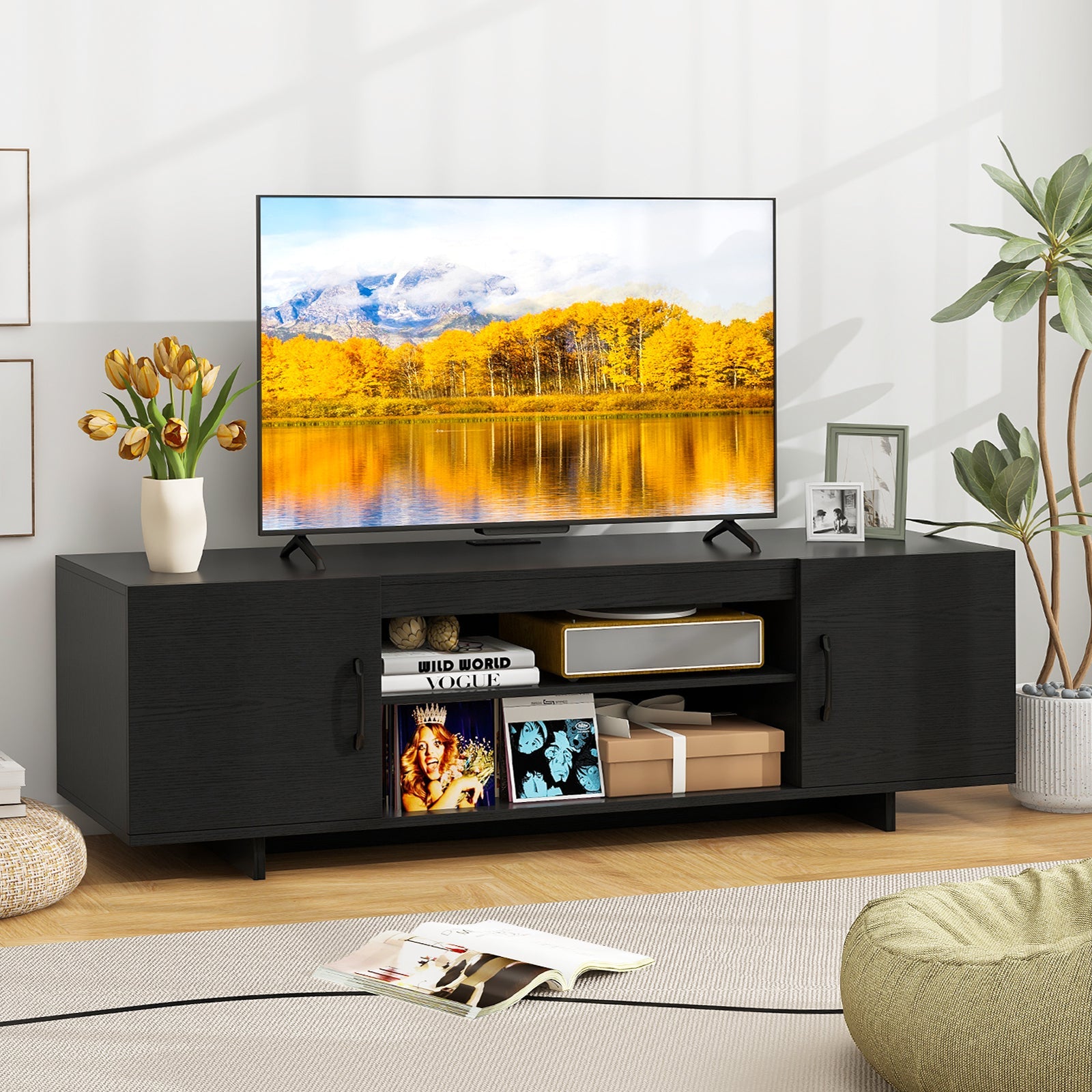 TV Stand with Power Outlet and 2 Cable Holes for 65 Inch TVs