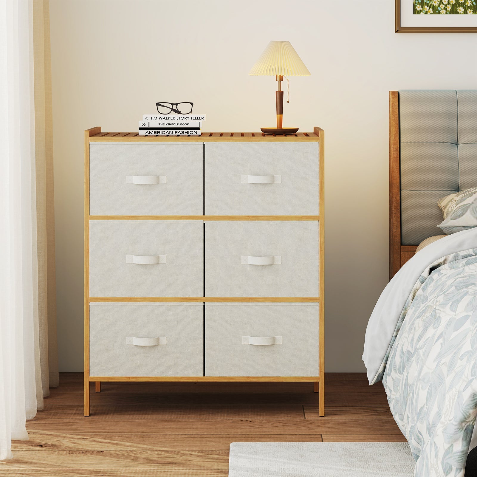 Fabric Dresser with 6 Drawers with 6 Folding Fabric Bins for Bedroom Living Room-Natural