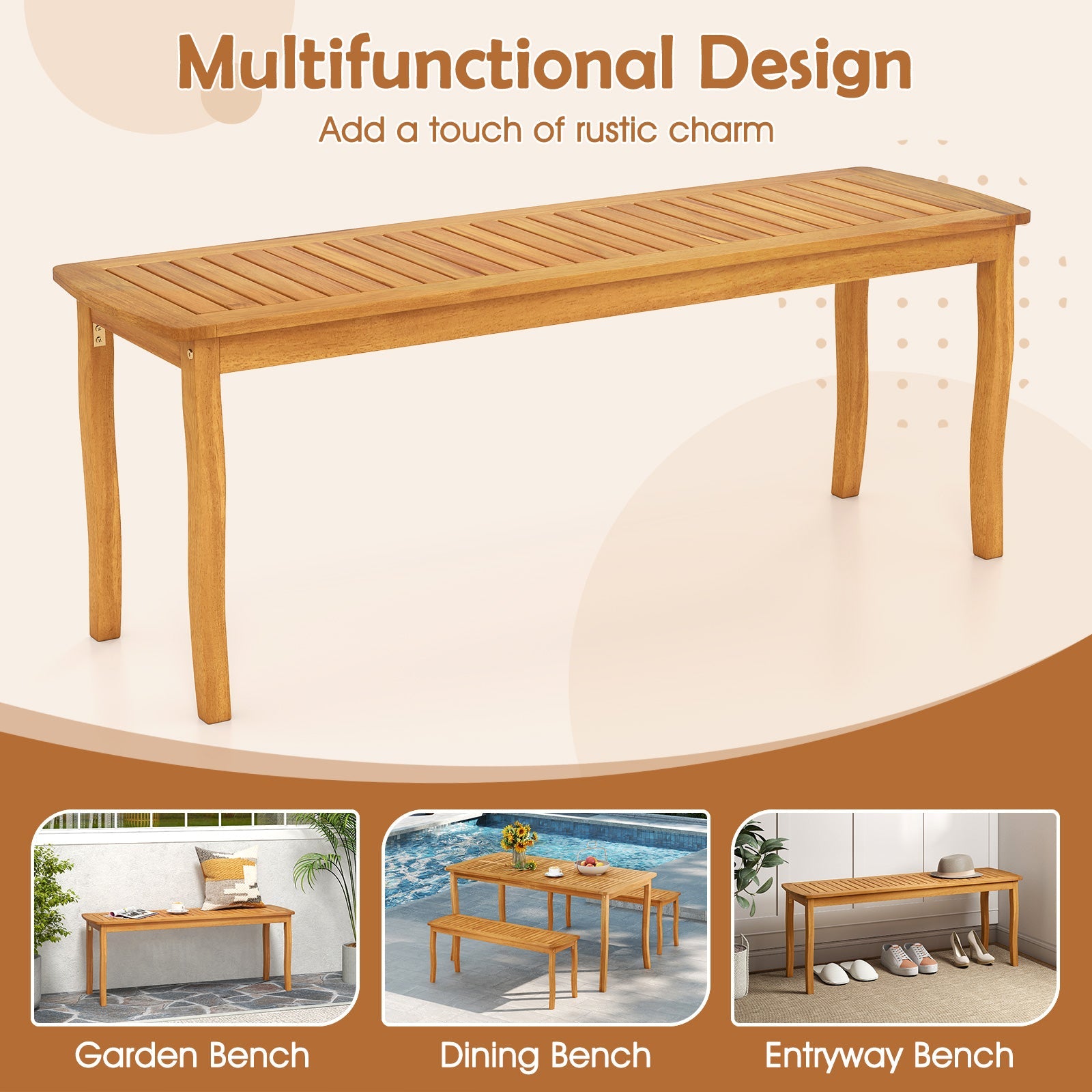 Acacia Wood Outdoor Table and Bench Chairs Set with 1.97 Inch Umbrella Hole