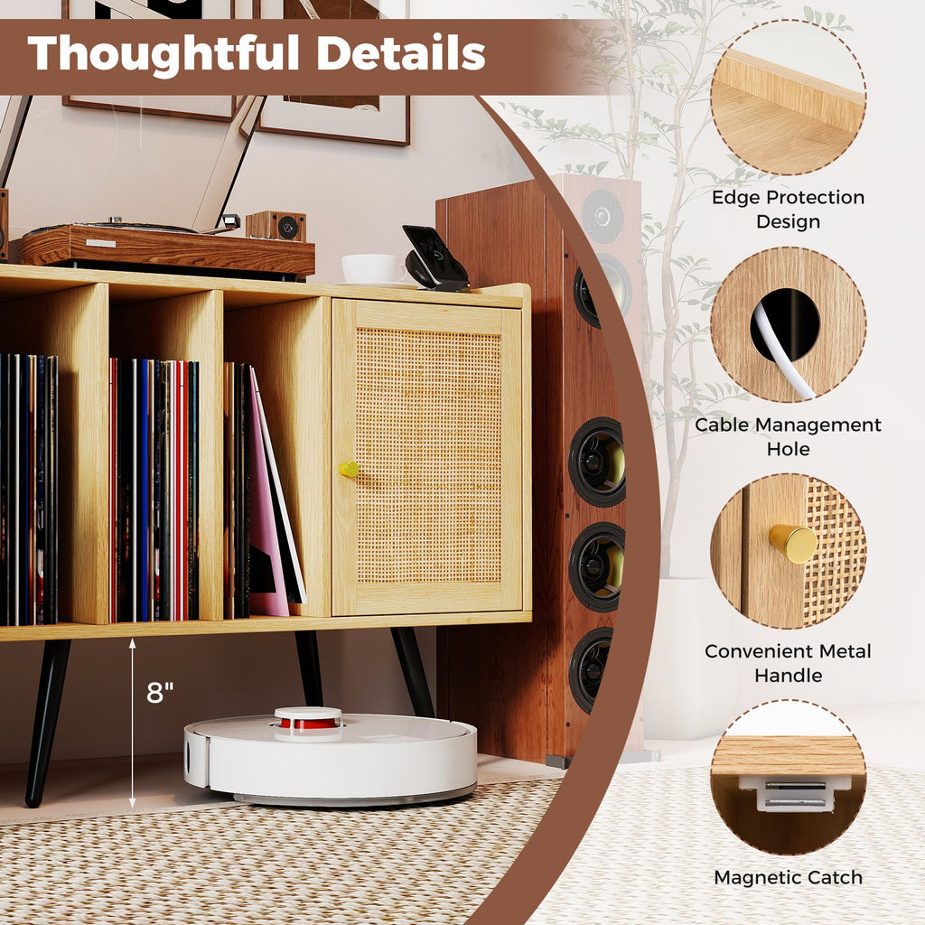 Record Player Stand with Charging Station and Rattan Cabinet for Living Room-Natural