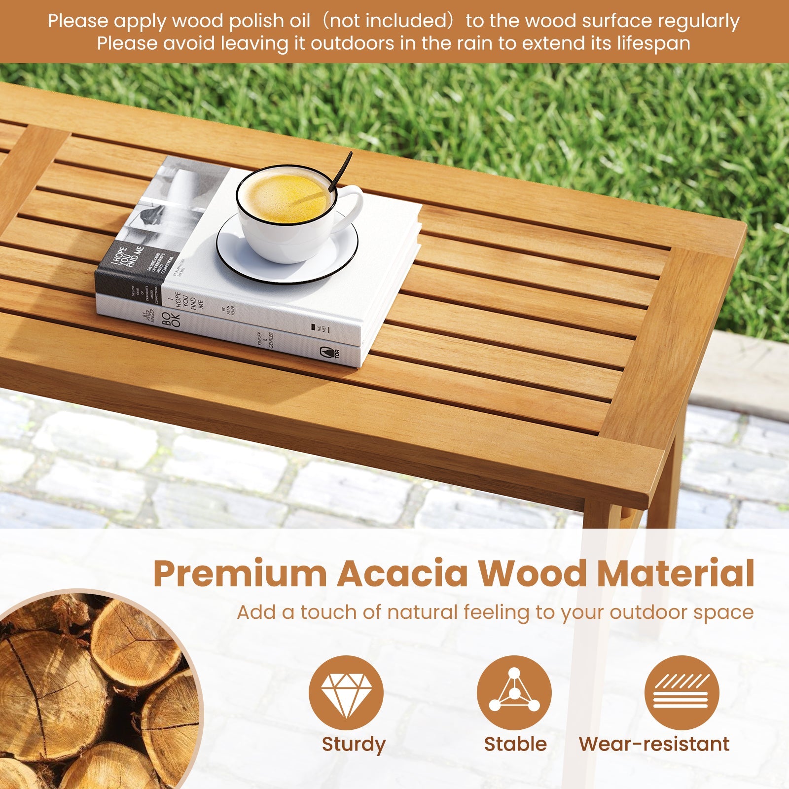 3 Pieces Patio Dining Set Acacia Wood Outdoor Rectangular Picnic Table and 2 Benches