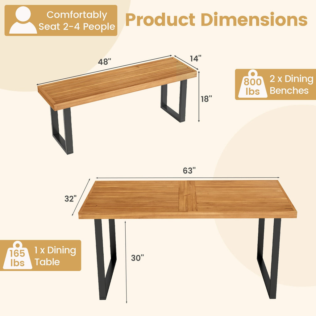 3 Pieces Patio Dining Table Set 63‚Äù Rectangle Table and 2 Backless Bench