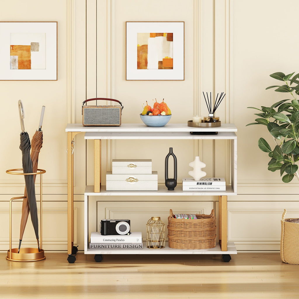 360¬∞ Rotating Sofa Side Table with Storage Bookcase and Hooks for Living Room-White