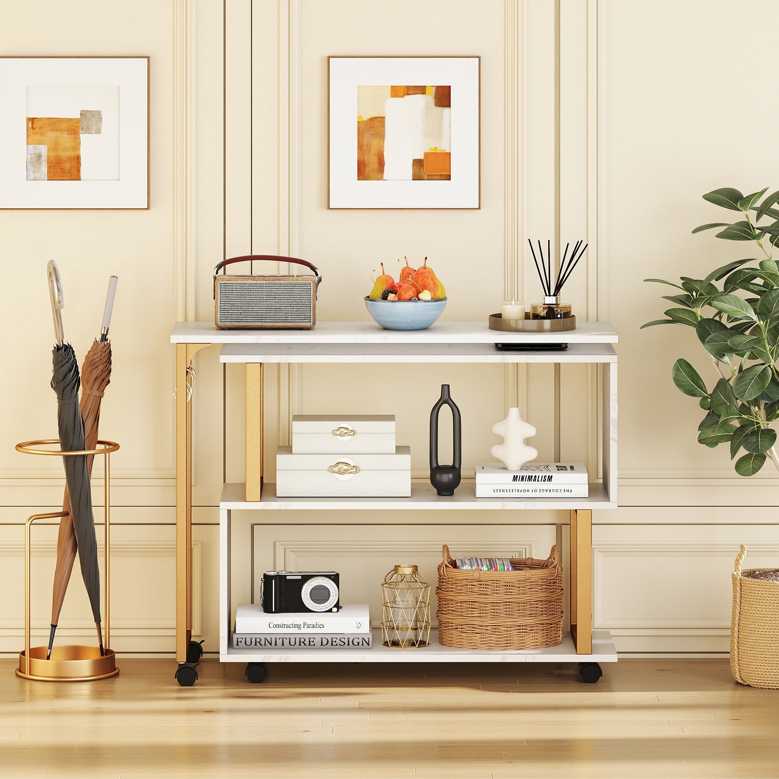 360¬∞ Rotating Sofa Side Table with Storage Bookcase and Hooks for Living Room-White