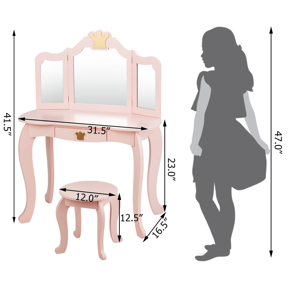 Kids Vanity Set + Kids Jewelry Armoire with Full-Length Mirror with Drawer