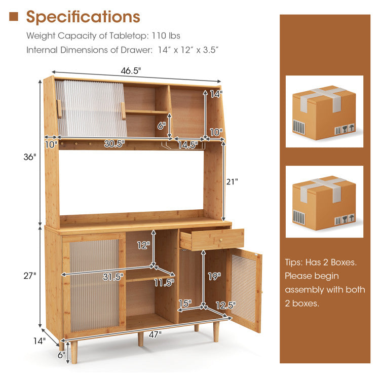 Kitchen Dining Set with Extendable Table 2 Rattan Accent Chairs and Kitchen Cabinet