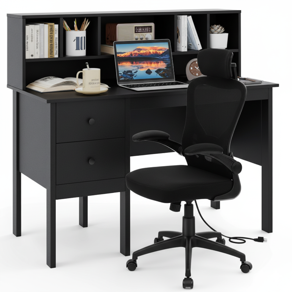 Black 48 inch Computer Desk and Ergonomic Mesh Office Chair Bundle for Home Office