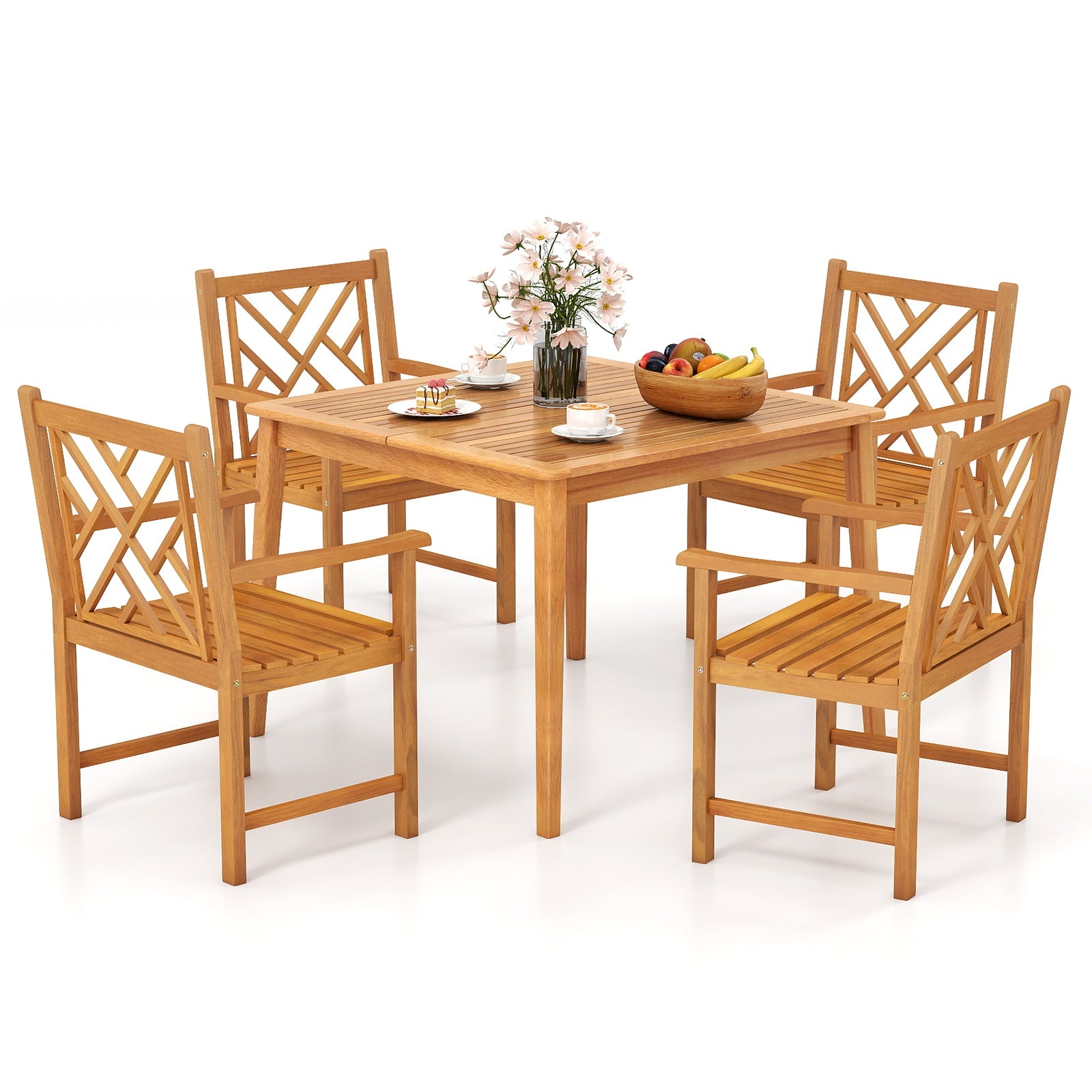 5-Pieces Patio Dining Table Set Wood Square Dining Table with 4 Chairs and Slatted Tabletop