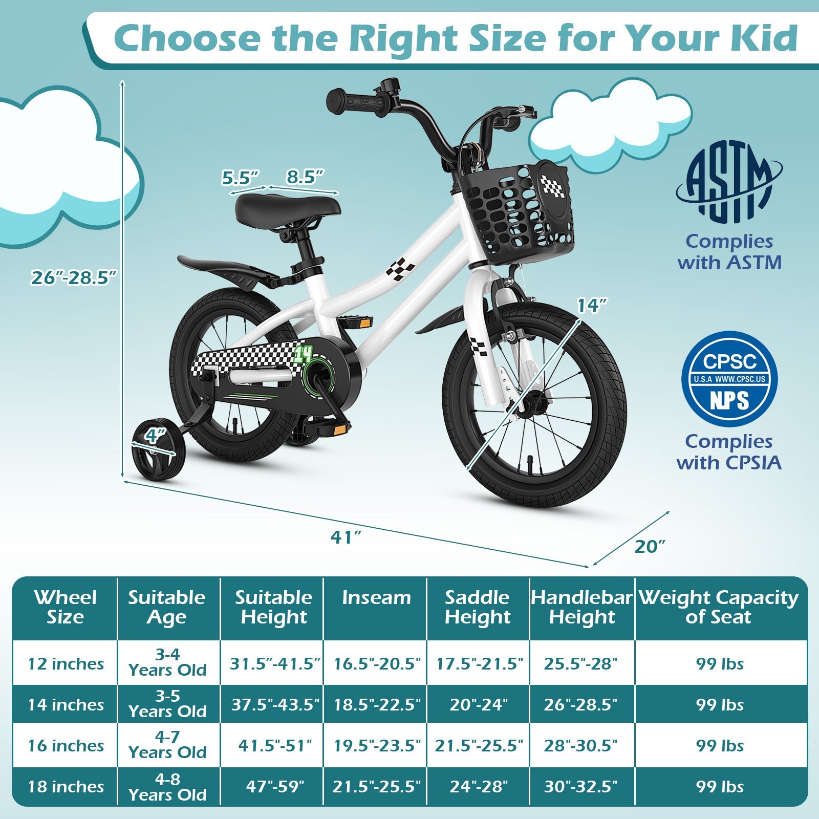 14 Inch Kids Bike White with Blue Helmet Protective Set