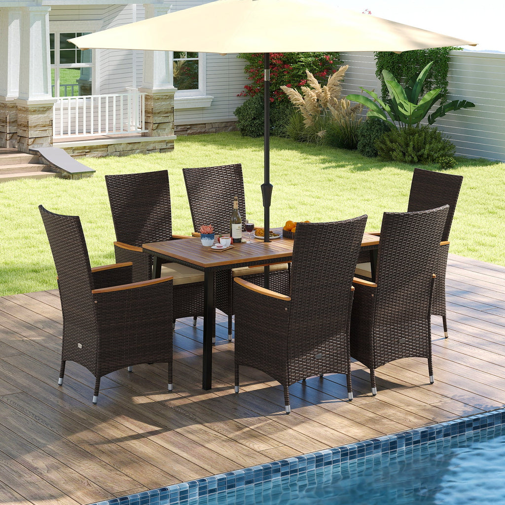 Outdoor Dining Set for 6 Patio Wicker Armchairs and Acacia Wood Table