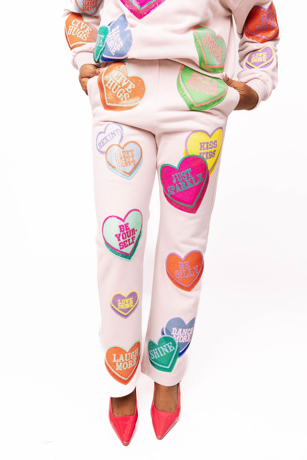 Queen of Sparkles Pale Pink Multi Positive Hearts Sweatpants