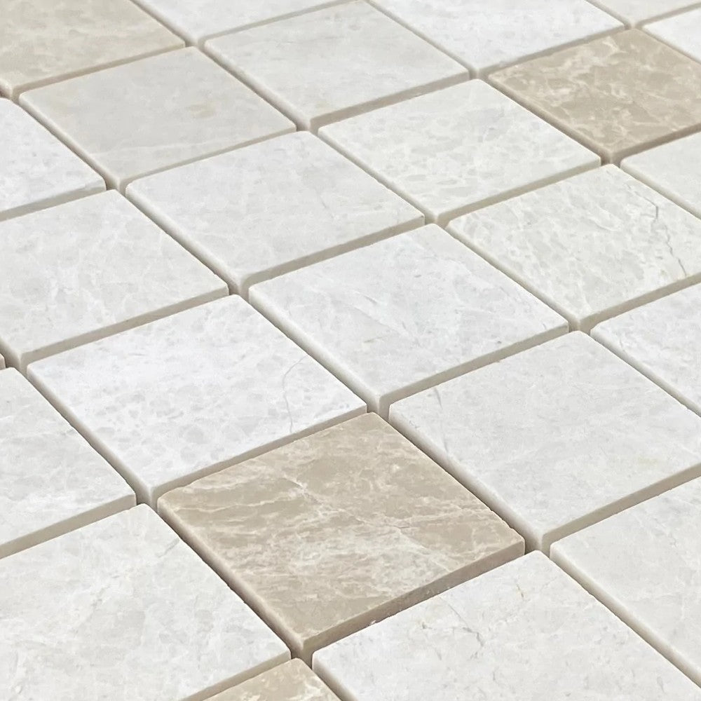 Vanilla Beige Natural Marble Honed Mosaic Tile 2x2 - Pre-mounted 12x12 Mesh Sheet