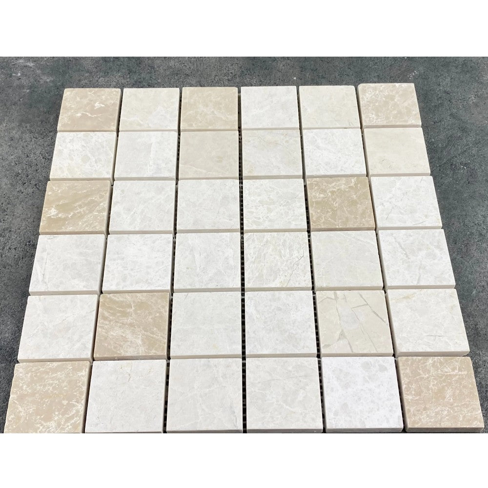Vanilla Beige Natural Marble Honed Mosaic Tile 2x2 - Pre-mounted 12x12 Mesh Sheet