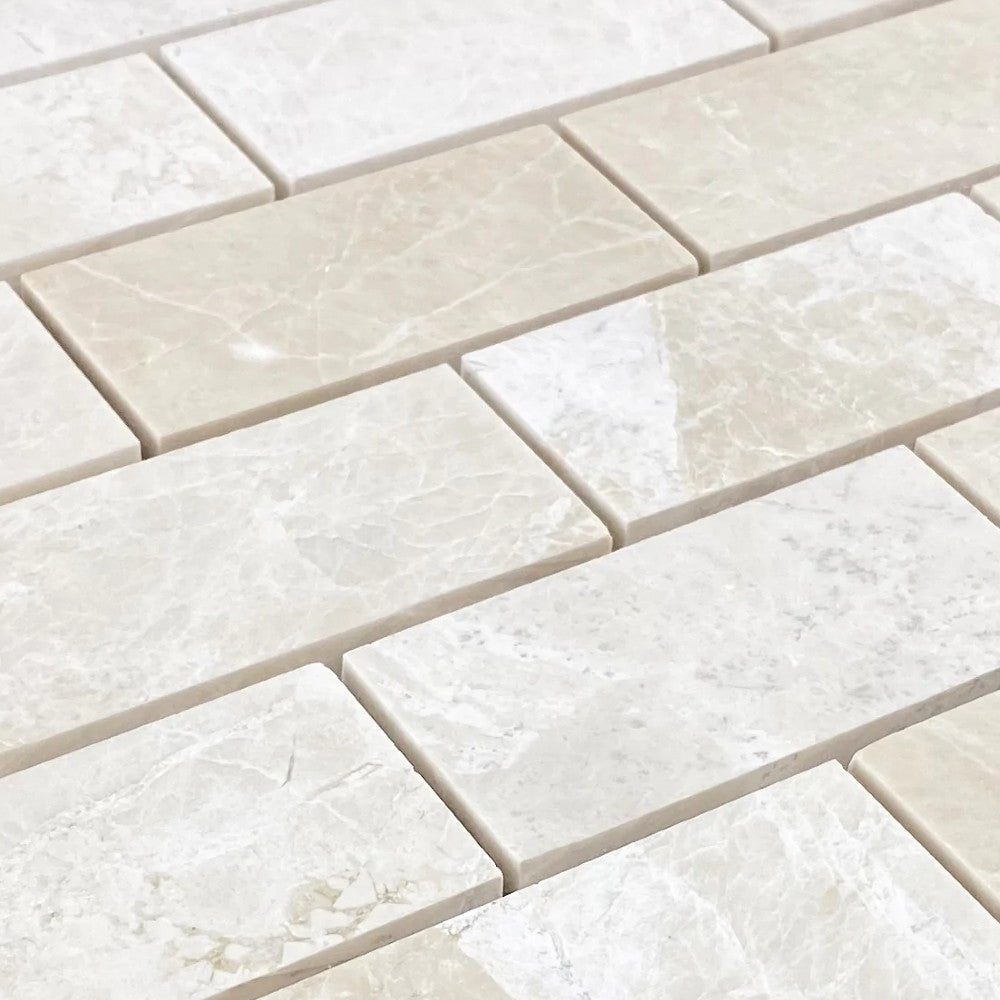 Vanilla Beige Marble Brick Mosaic Tile - Honed 2x4 on 12x12 Mesh