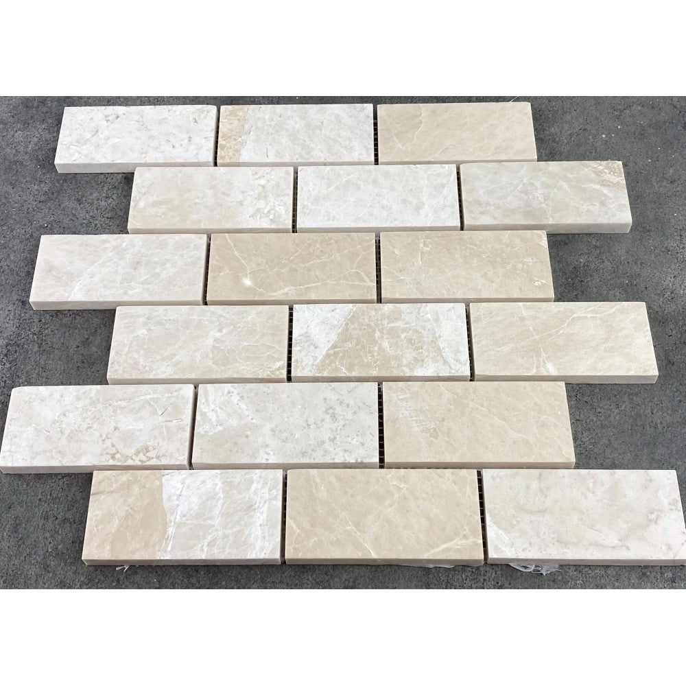 Vanilla Beige Marble Brick Mosaic Tile - Honed 2x4 on 12x12 Mesh