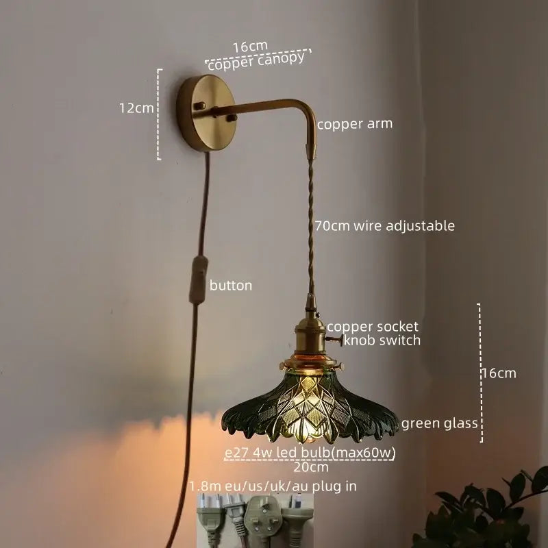 Vintage brass and green glass led wall lamp living room sconce
