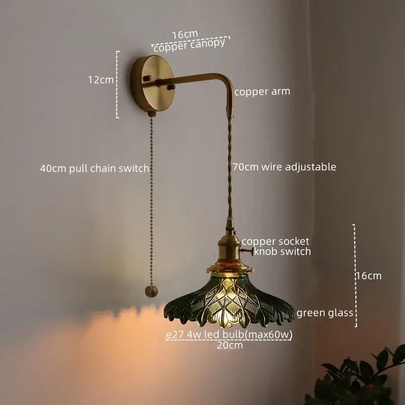 Vintage brass and green glass led wall lamp living room sconce