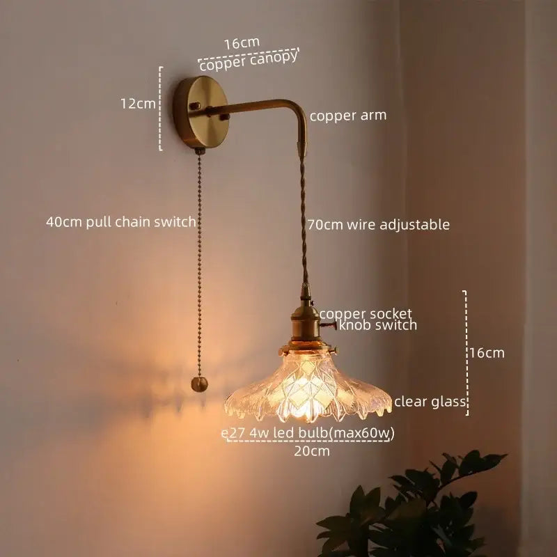 Vintage brass and green glass led wall lamp living room sconce