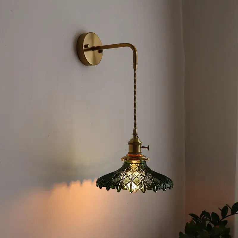Vintage brass and green glass led wall lamp living room sconce