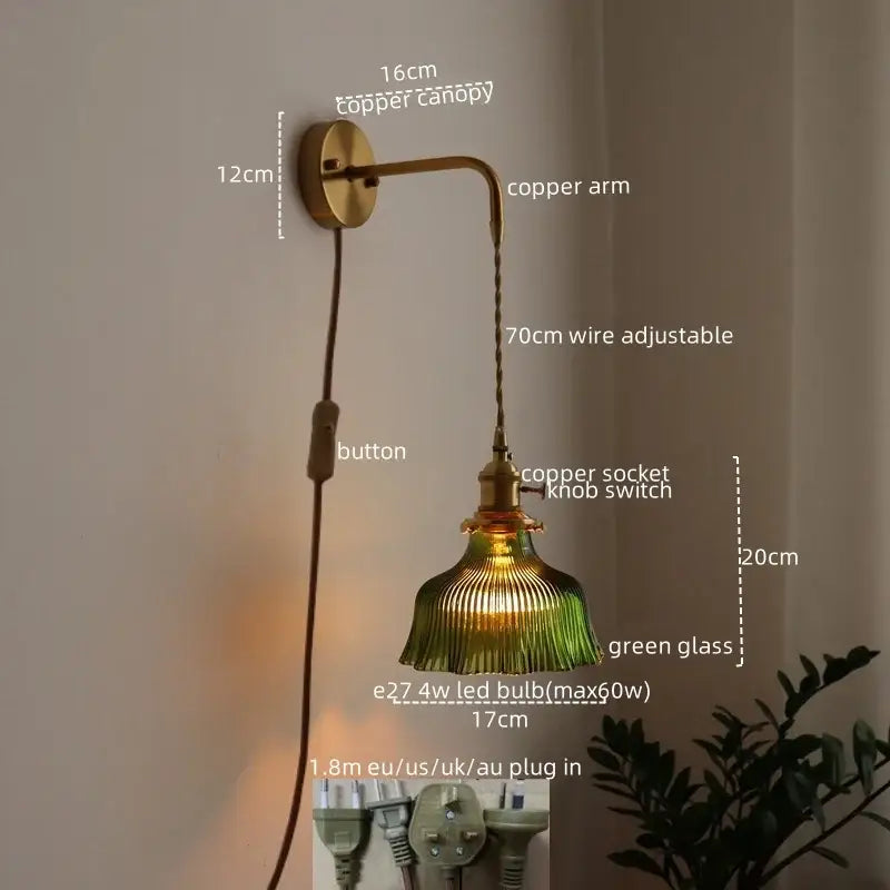 Vintage brass and green glass led wall lamp living room sconce