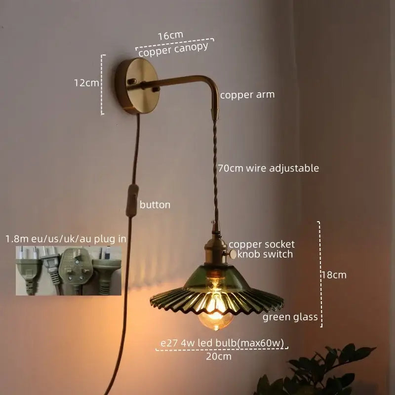 Vintage brass and green glass led wall lamp living room sconce