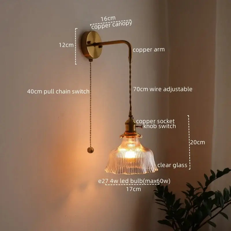 Vintage brass and green glass led wall lamp living room sconce