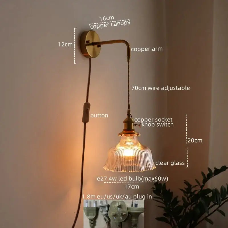 Vintage brass and green glass led wall lamp living room sconce