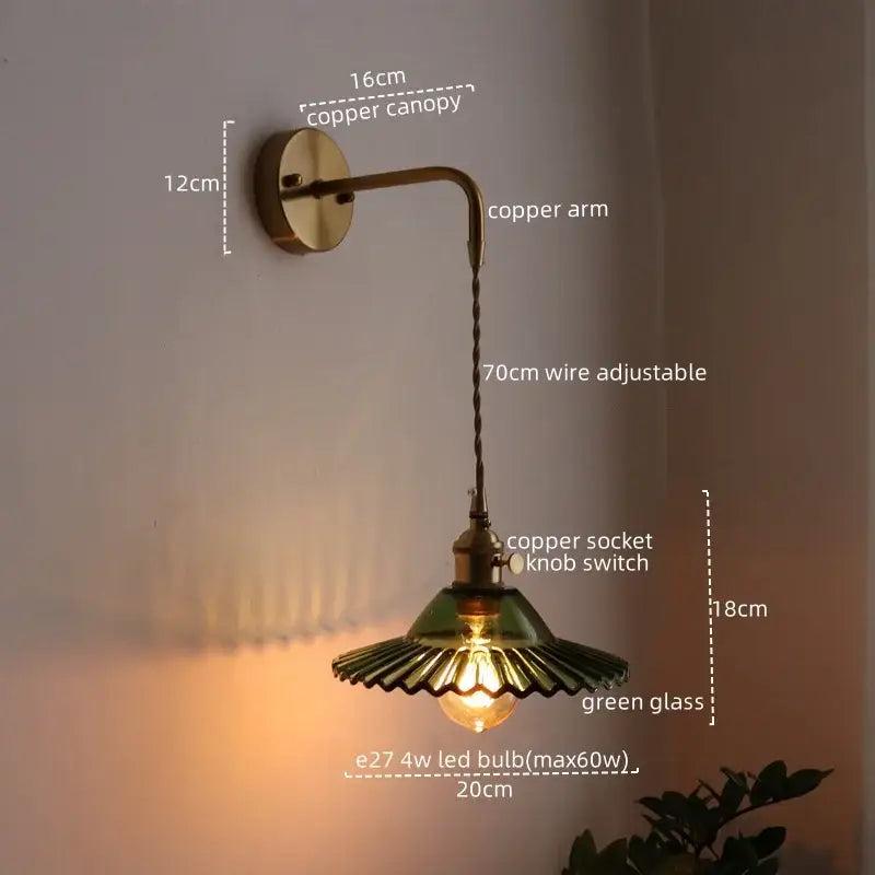Vintage brass and green glass led wall lamp living room sconce