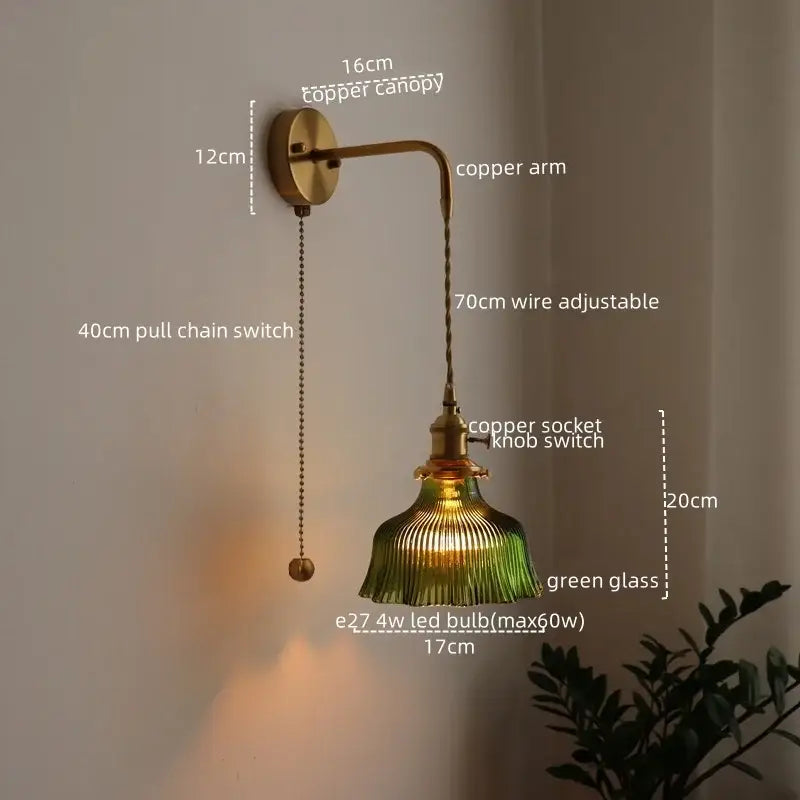 Vintage brass and green glass led wall lamp living room sconce