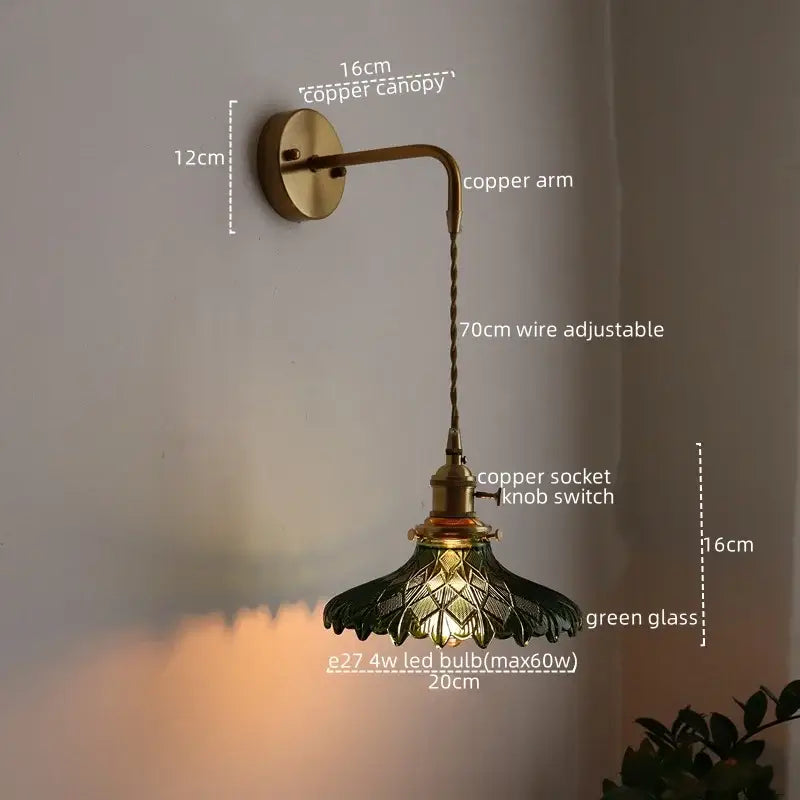 Vintage brass and green glass led wall lamp living room sconce