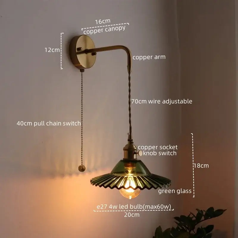 Vintage brass and green glass led wall lamp living room sconce