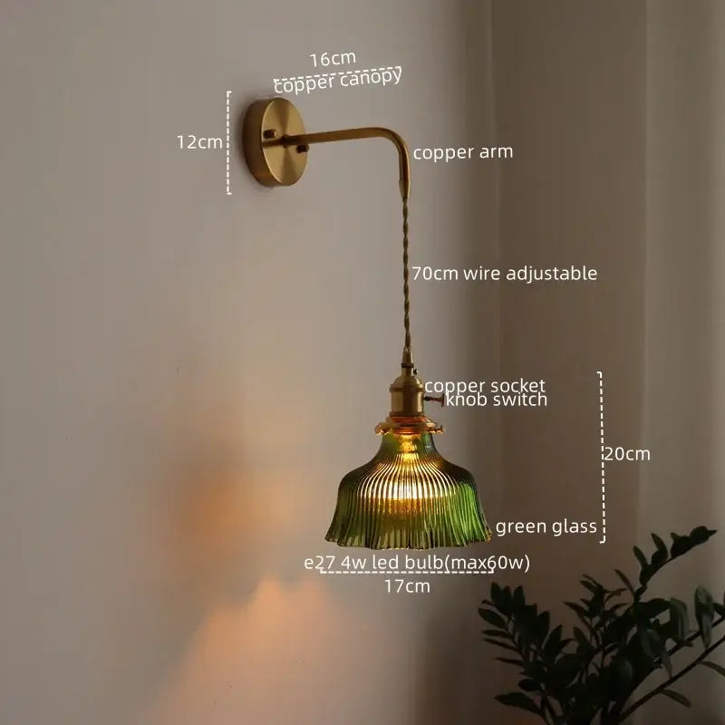 Vintage brass and green glass led wall lamp living room sconce