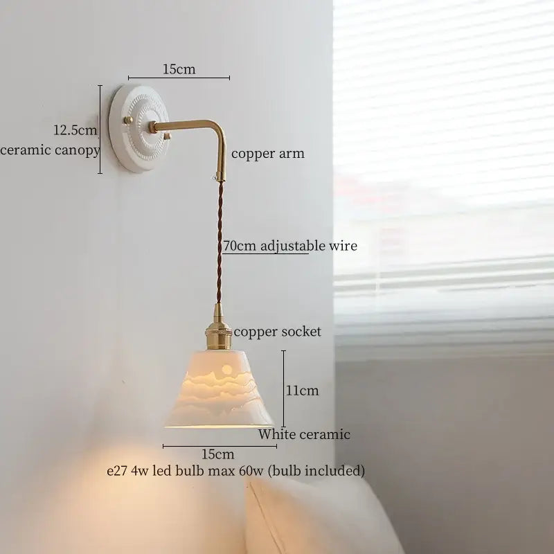 Vintage ceramic wall sconce with copper arm – bedroom pull chain lamp