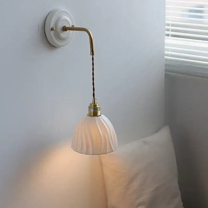 Vintage ceramic wall sconce with copper arm – bedroom pull chain lamp