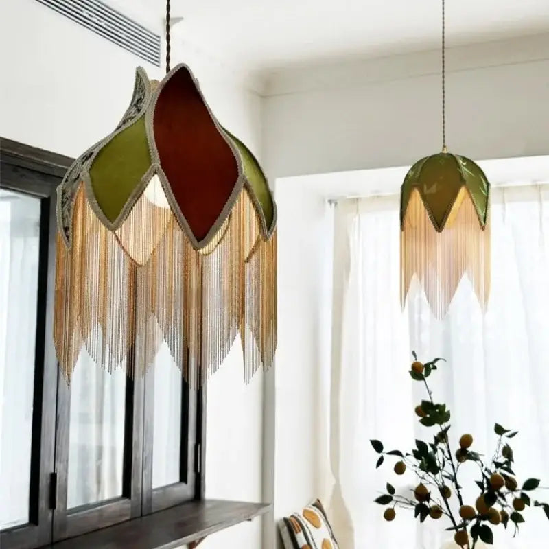 Vintage floral stained glass colorful tassel led pendant lamp bedroom