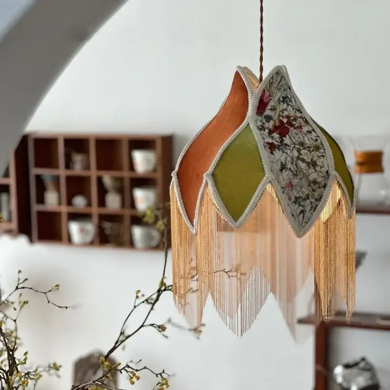 Vintage floral stained glass colorful tassel led pendant lamp bedroom