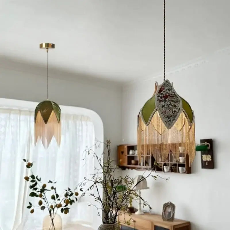 Vintage floral stained glass colorful tassel led pendant lamp bedroom