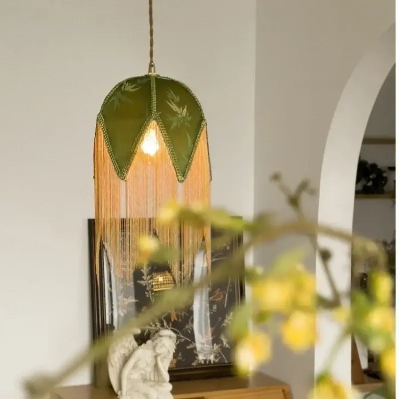 Vintage floral stained glass colorful tassel led pendant lamp bedroom