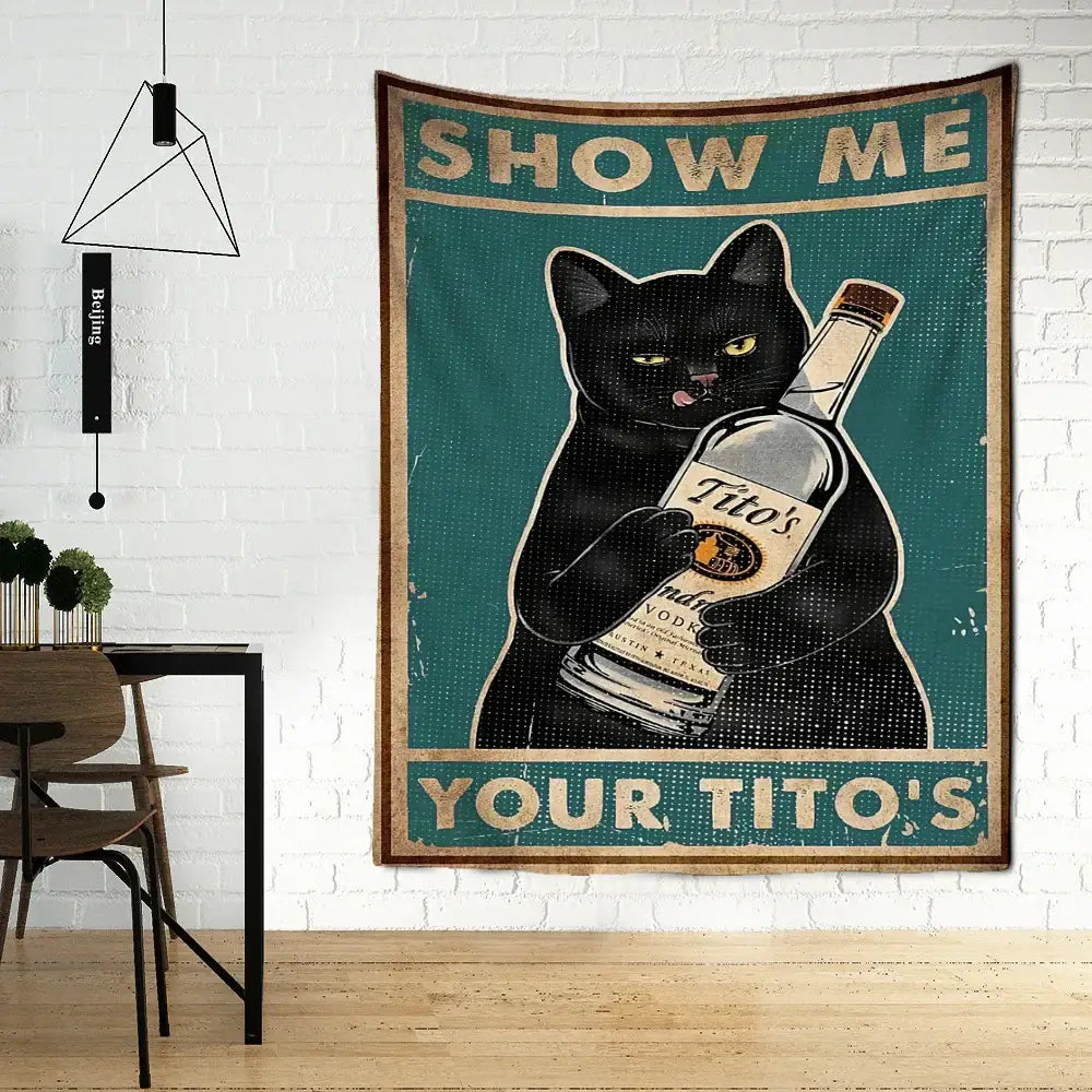 Vintage teal cat tarot tapestry – bedroom tito’s vodka wall decor