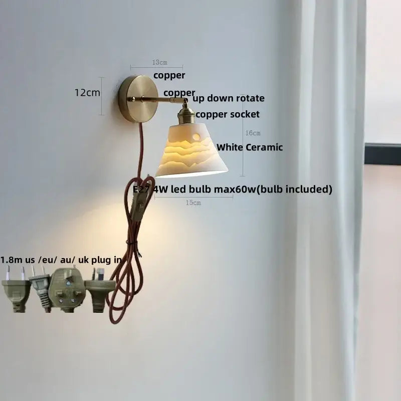 Vintage white ceramic and copper canopy led wall sconce bedroom light