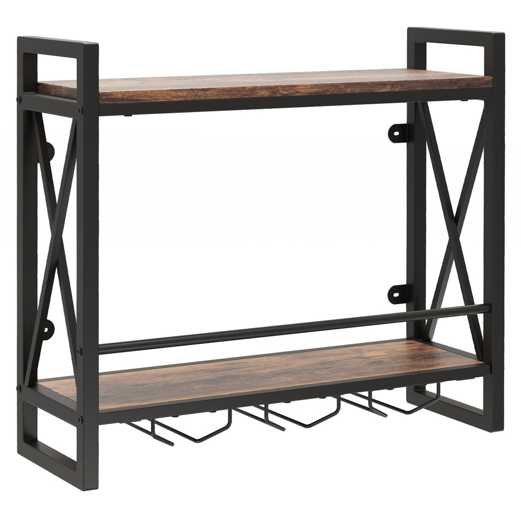 Wall Mounted Wine Rack with 2-Tier Shelves and 3 Glass Holders