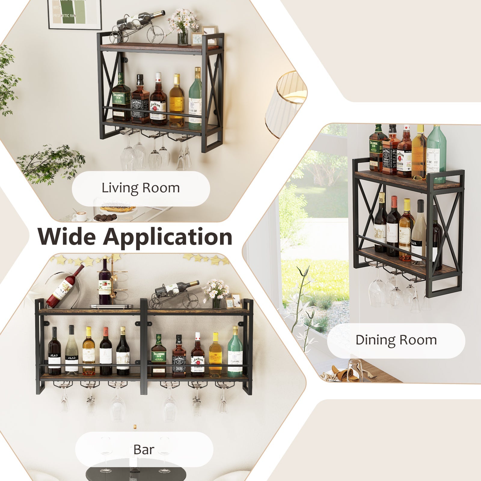 Wall Mounted Wine Rack with 2-Tier Shelves and 3 Glass Holders