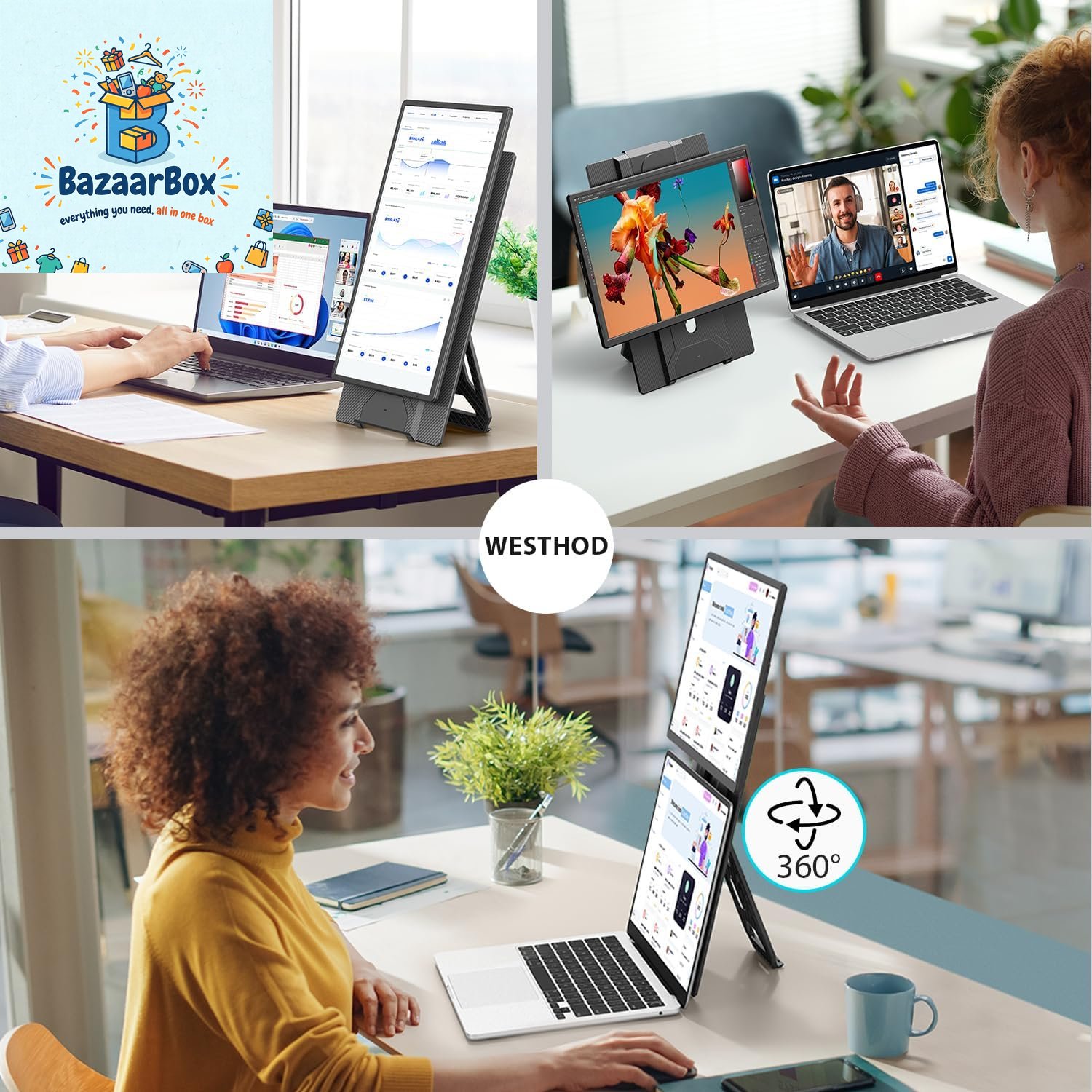 16.2'' Portable Monitor FHD 1200P USB-C/HDMI with Retractable Stand & Speakers, Ultra-Slim Computer Display HDR Eye Care Laptop Screen Plug-Play, External Monitor for MAC PC Phone PS4 Xbox
