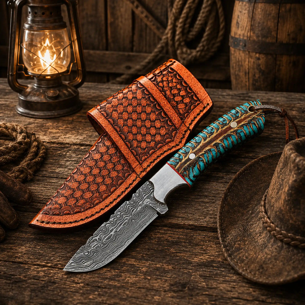 Western Belt Carry Knife – 4” Damascus Blade Pinecone Handle