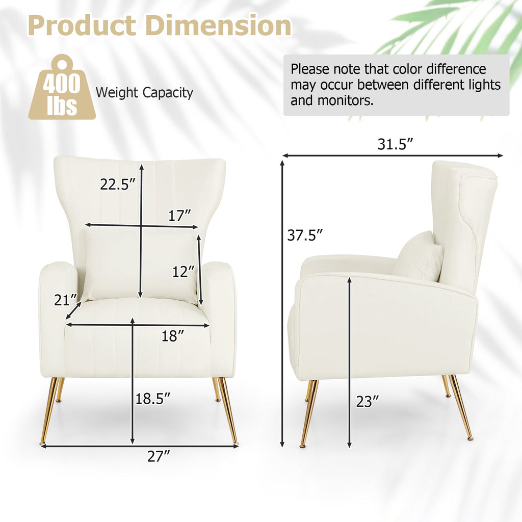 Velvet Upholstered Wingback Chair with Lumbar Pillow and Golden Metal Legs