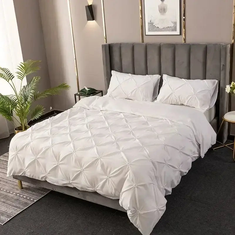 White 3d pinch pleat duvet cover set bedroom diamond pattern bedding