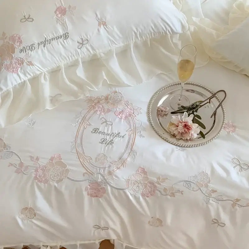 DecorBites™ 4Pcs Flowers Embroidery Princess Queen Bedding Set with Lace Ruffles